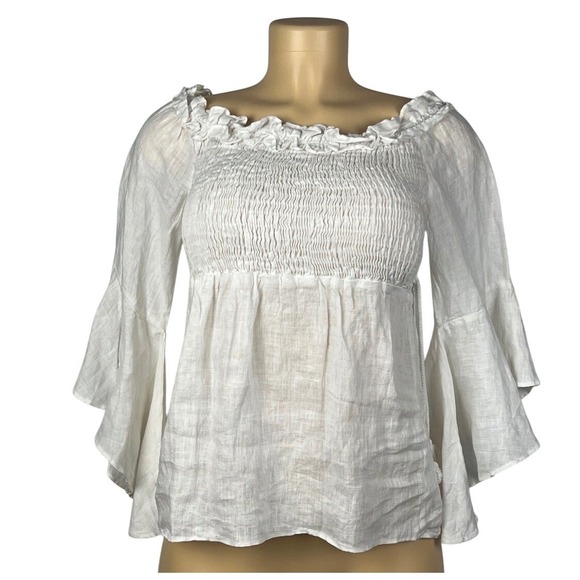 Zara White Top Made Spain XS S Linen Smocked Off Shoulder Beach CruiseBoho